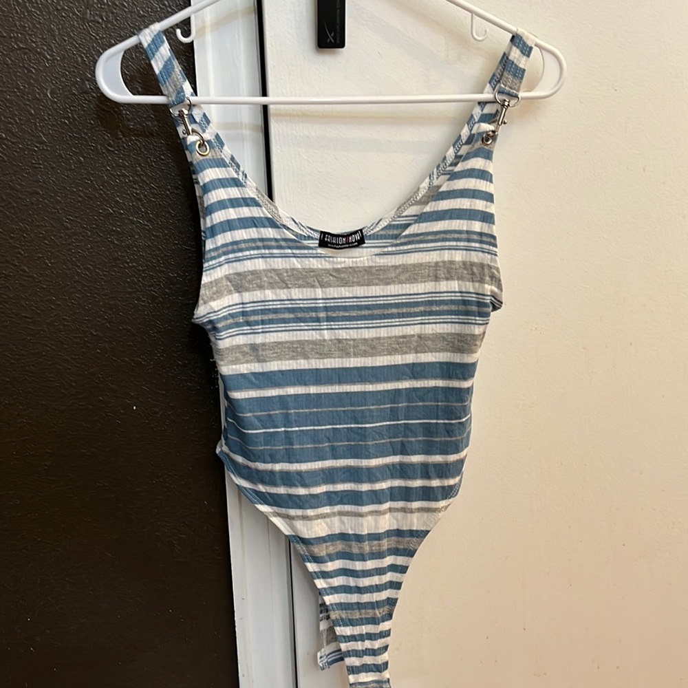 Blue white gray striped bodysuit